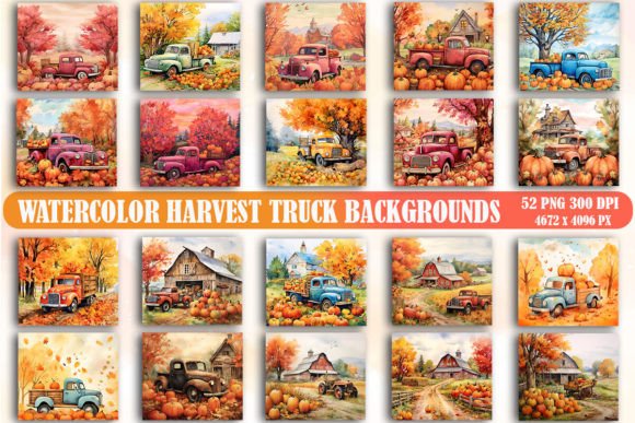 Watercolor Harvest Truck Backgrounds Graphics